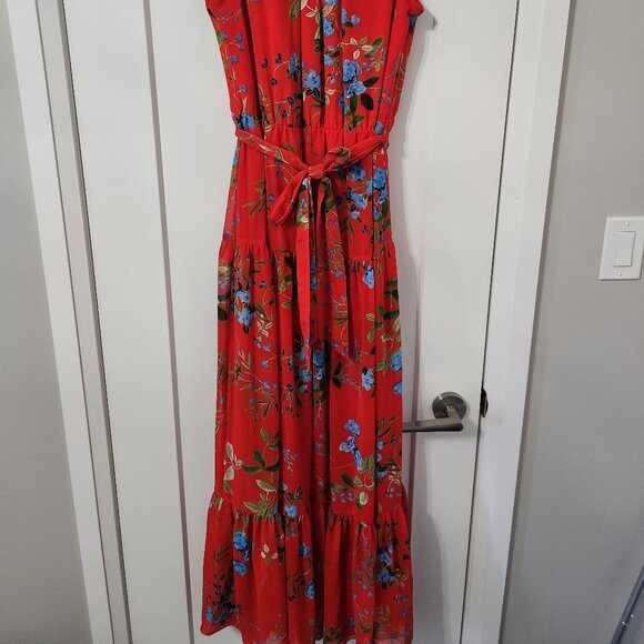 Calvin Klein Red Floral Dress Pleated Skirt - Picture 4 of 6